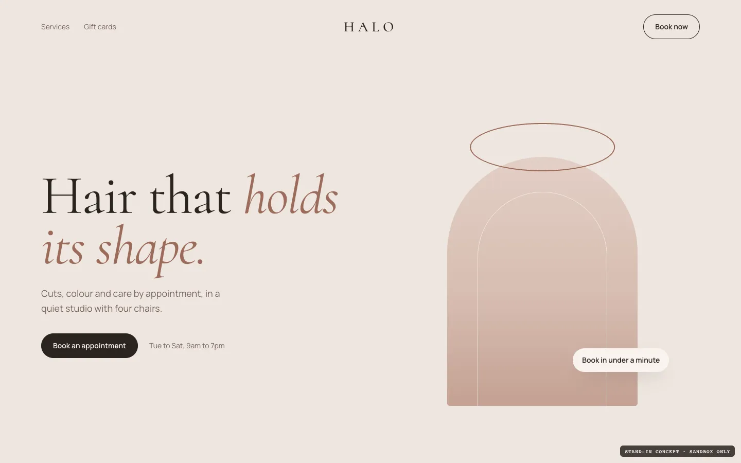 Halo Studio salon website design on desktop, concept build by Tenth Street Digital