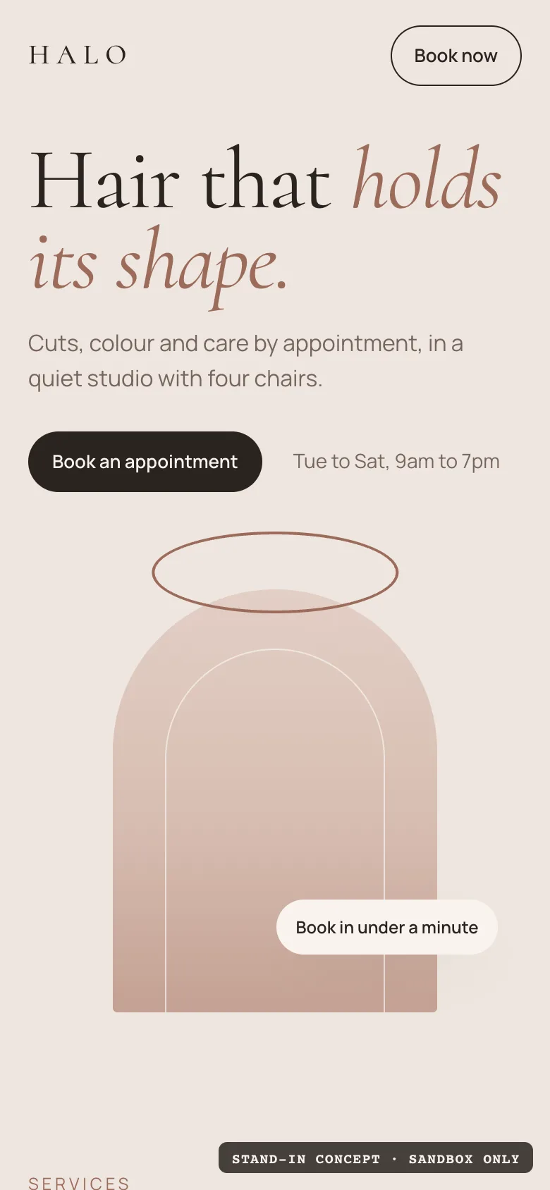 Halo Studio salon website homepage on a phone