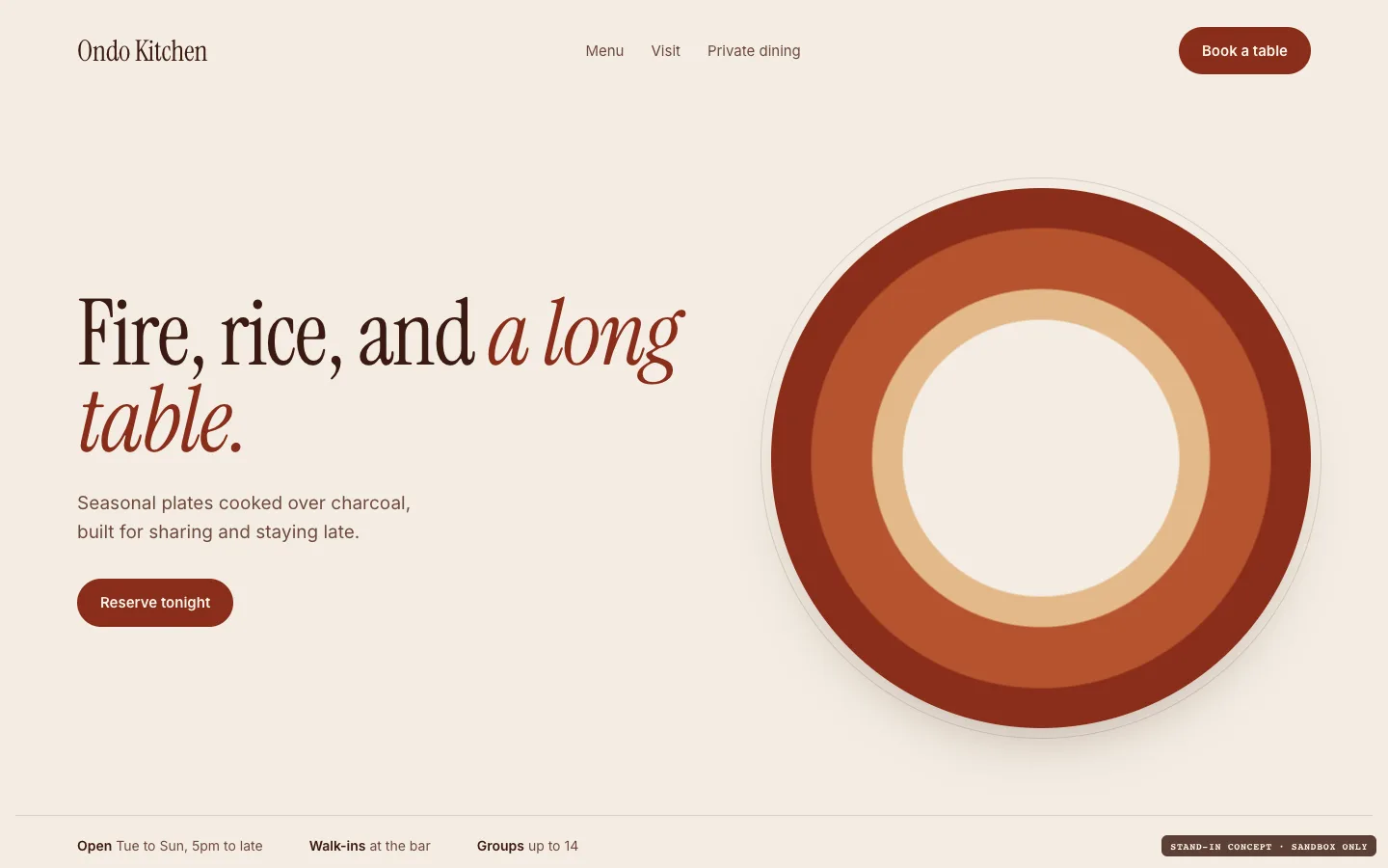 Ondo Kitchen restaurant website design on desktop, concept build by Tenth Street Digital